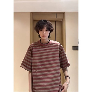 新款美式复古条纹短袖T恤男夏季宽松休闲百搭半袖上衣潮A7120-P28图片