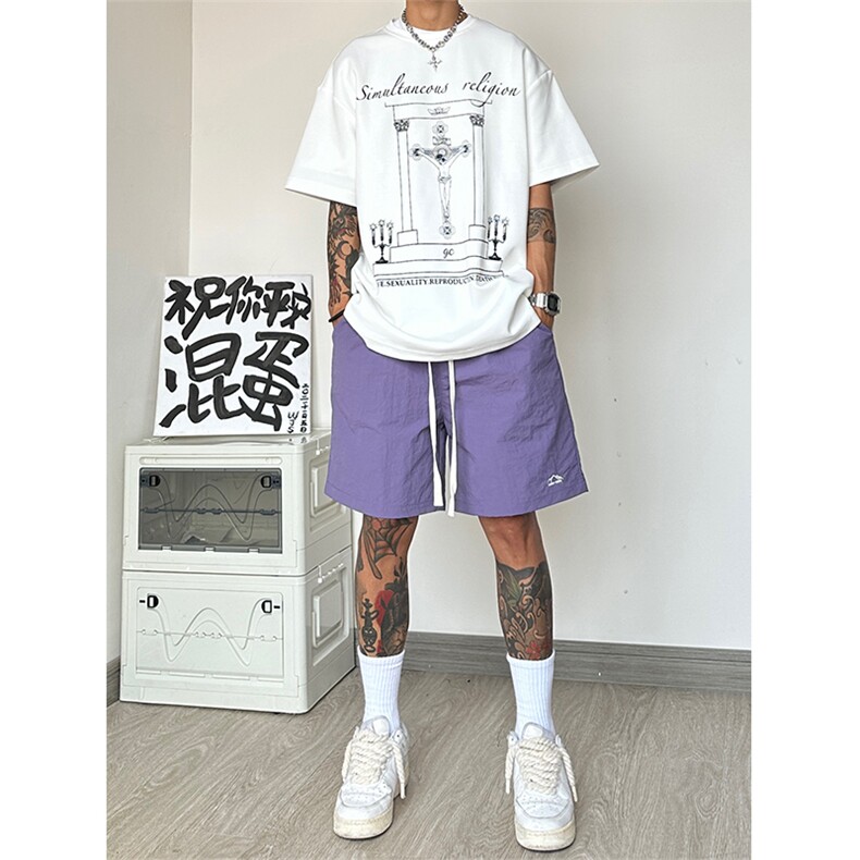 速干冰丝短裤男夏薄款潮牌美式hiphop大裤衩高街运动篮球白色裤子图片