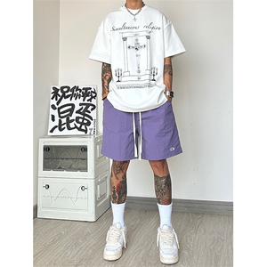 速干冰丝短裤男夏薄款潮牌美式hiphop大裤衩高街运动篮球白色裤子图片
