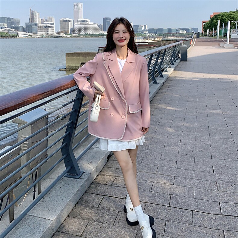 粉色设计感小香风西装春秋女2025新款温柔风宽松洋气毛边小西服，女装西装，天使之佳话