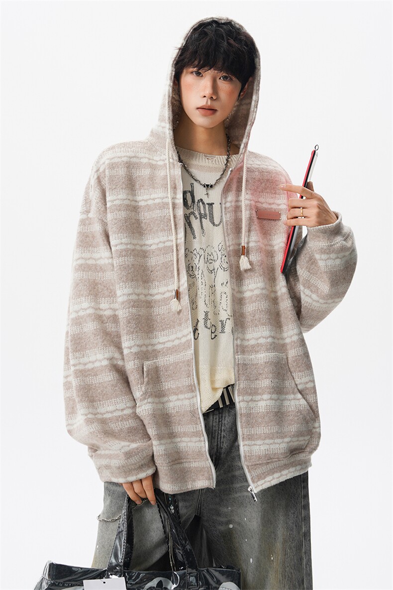 8XL-M潮情侣美式磨毛编织条纹针织衫卫衣宽松拉链外套WY30P88,男装针织衫/毛衣,电商D206-1