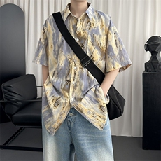 美式休闲宽松短袖衬衫小众潮牌抽象夏季撞色情侣衬衣，男装T恤，星座1210-1