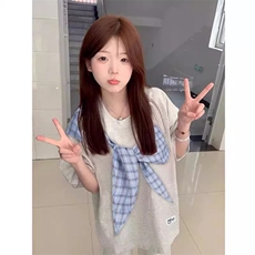 拼接格子布装饰高品质260克双纱纯棉美式高街短袖T恤特P35，男装T恤，电商A486-1