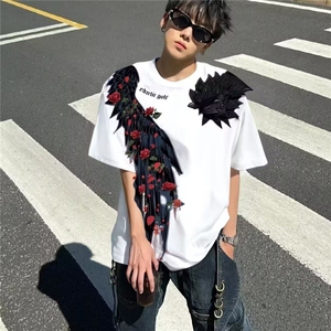 网图现货 潮花卉印花羽翼翅膀短袖T恤男女T1447P25图片