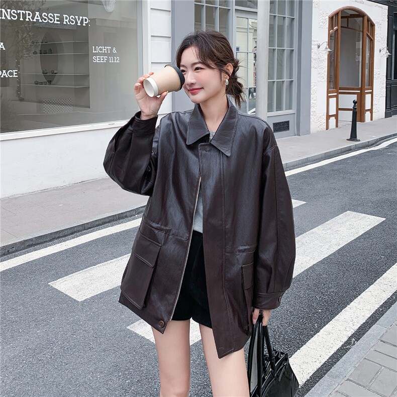 新款，咖色中长款皮衣外套W670P195K318,女装短外套,2C209