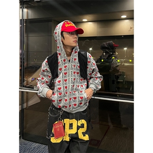 美式复古字母爱心长袖开衫卫衣男女春秋宽松休闲百搭潮流情侣外套图片