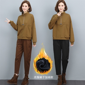 时尚印花卫衣套装女秋冬季加绒加厚宽松显瘦两件套休闲百搭长袖上衣+阔腿裤图片