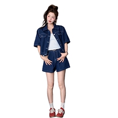 韩版时尚酷飒牛仔套装女2025夏季新款别致衬衫阔腿短裤洋气两件套，女装套装/套裙，2C212