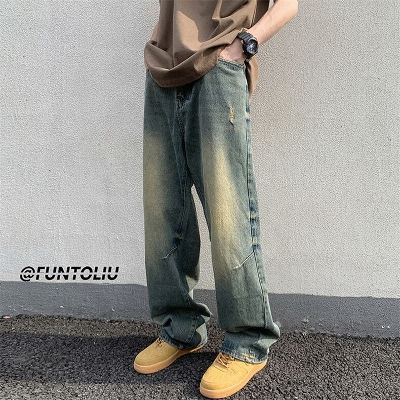 水洗做旧牛仔裤男夏季美式复古宽松阔腿直筒裤炸街裤子WYA07-P42,男装牛仔裤,星座208-5