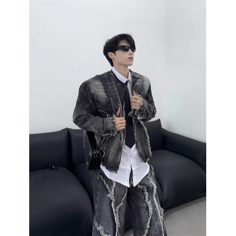 TZ822-24小众做旧水洗毛边夹克牛仔套装流苏牛仔裤-网络图,男装夹克,星座1002-2
