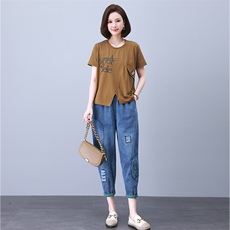 夏季休闲套装女2023年新款中年妈妈时尚洋气短袖宽松牛仔裤两件套，女装套装/套裙，叶笙衣