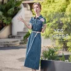 蕾丝拼接收腰牛仔连衣裙女2025夏季复古港风设计感又酷又飒连衣裙，女装连衣裙，E百度