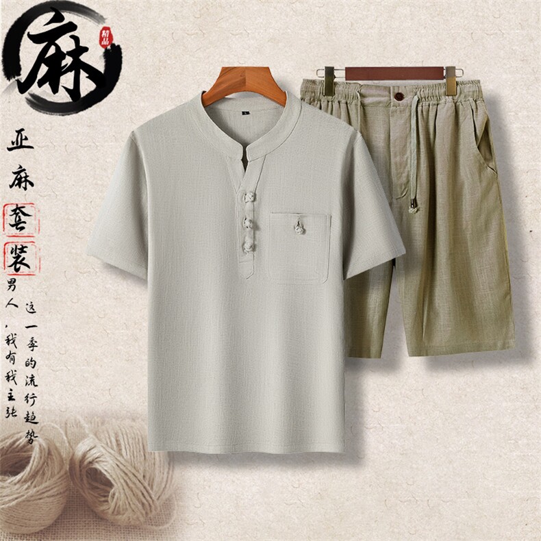 长年现货男高品质风唐装中老年盘口复古亚麻短袖套装棉麻T恤,男装T恤,钱塘723