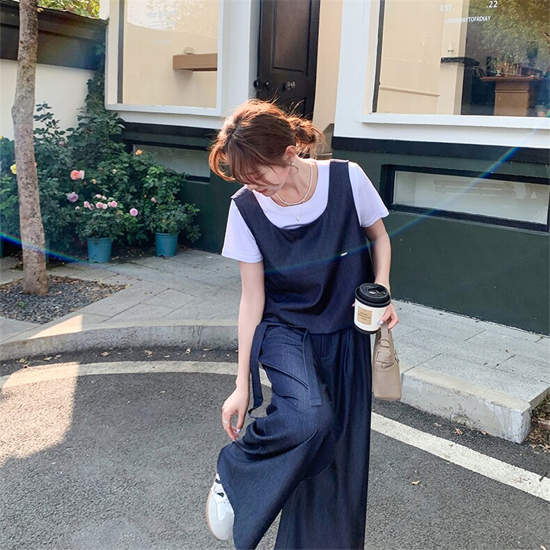 韩系复古马甲套装裤女2025夏季新款显瘦短袖T恤阔腿裤休闲三件套图片