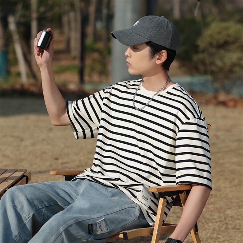 夏季新圆领条纹T恤衫男士半袖日系潮牌男装宽松短袖t恤TX166-P45，男装T恤，星座1109-1