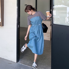法式气质条纹拼接牛仔连衣裙女2025夏季新款韩版收腰显瘦减龄长裙，女装连衣裙，辉之琳