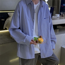 宝蓝色条纹衬衫男长袖春秋款宽松衬衣日系港风外套CS71745，男装衬衫，电商B413-1