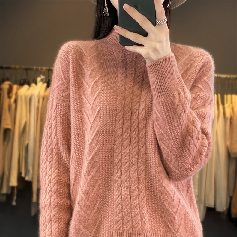 秋冬新款100%纯羊毛衫女半高领扭花加厚毛衣宽松羊绒衫针织打底衫,女装羊毛衫,琳华羊绒