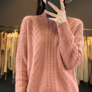 秋冬新款100%纯羊毛衫女半高领扭花加厚毛衣宽松羊绒衫针织打底衫图片