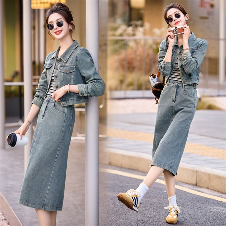高级感牛仔连衣裙套装女2025春秋新款小个子穿搭外套半身裙三件套,女装套装/套裙,采品优优