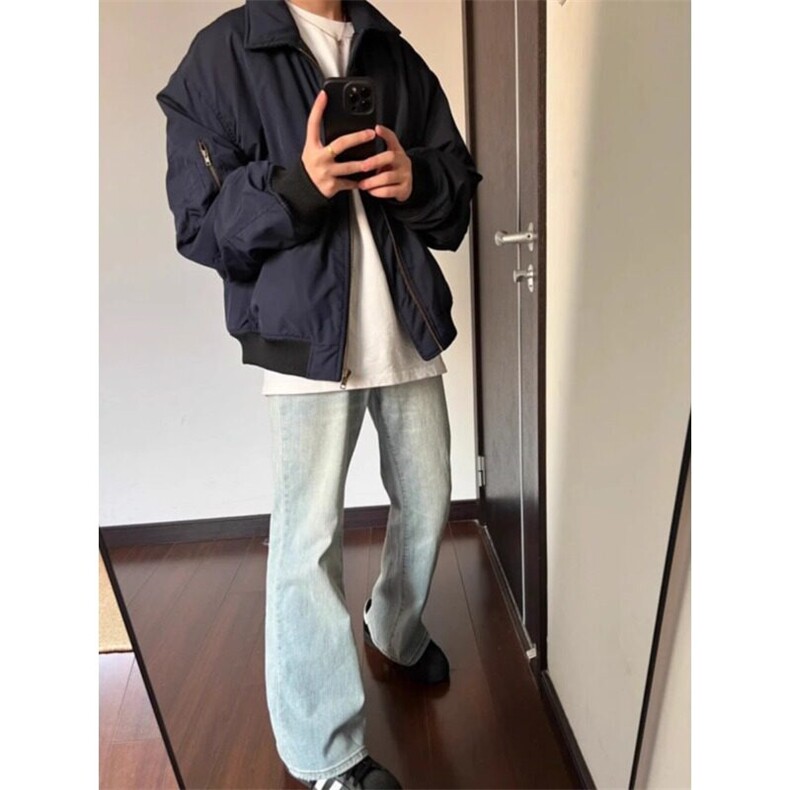 藏青色美式复古飞行员夹克翻领工装外套短款棒球服JK016特P53,男装夹克,星座908-1