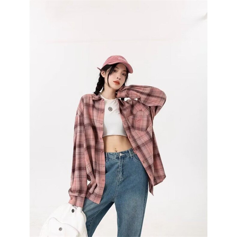 TC655-p45韩版粉色格子衬衫上衣女夏季新款学院风设计感小众衬衣,女装衬衫,星座617A-2