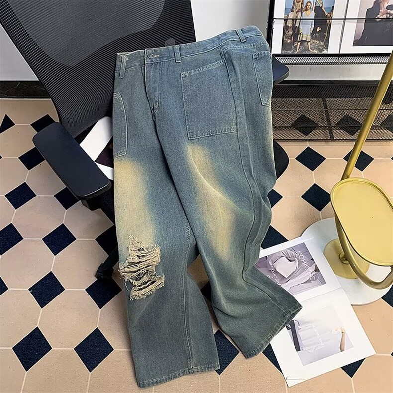 美式vibe复古破洞牛仔裤男女高街嘻哈宽松做旧长裤K6072-P40网图，女装牛仔裤，电商B245