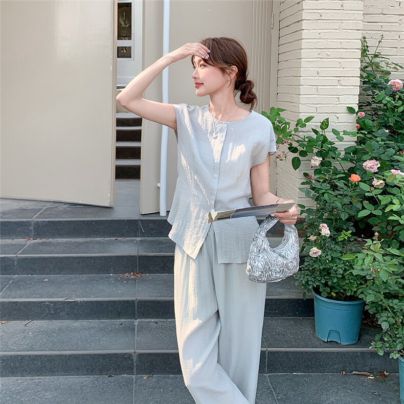 松弛感简约轻熟风套装女2025夏季新款轻薄圆领上衣直筒裤两件套潮,女装套装/套裙,2C205
