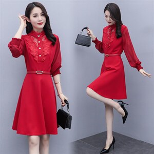 2021春季新款时尚气质立领灯笼袖拼花边连衣裙配腰带,女装连衣裙,岚衣(原川流布茜）