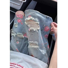 夏季玫瑰花破洞牛仔短裤男宽松五分裤街头痞帅风ND89，男装牛仔裤，星座1116A（原606A-3）