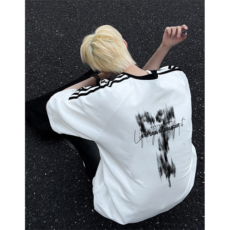 可48小时发货支持抖音得物来样二开重磅美式高街纯棉织带短袖T恤，男装T恤，电商A486-1