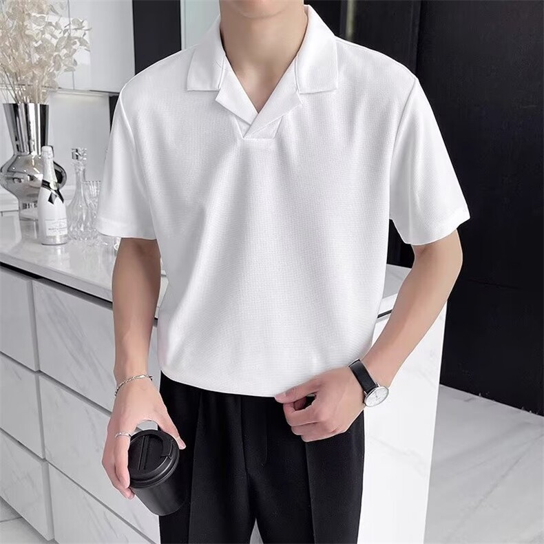 潮流轻熟风古巴领polo衫男短袖夏季西装内搭翻领薄款华夫格T恤潮,男装Polo衫,星座506A