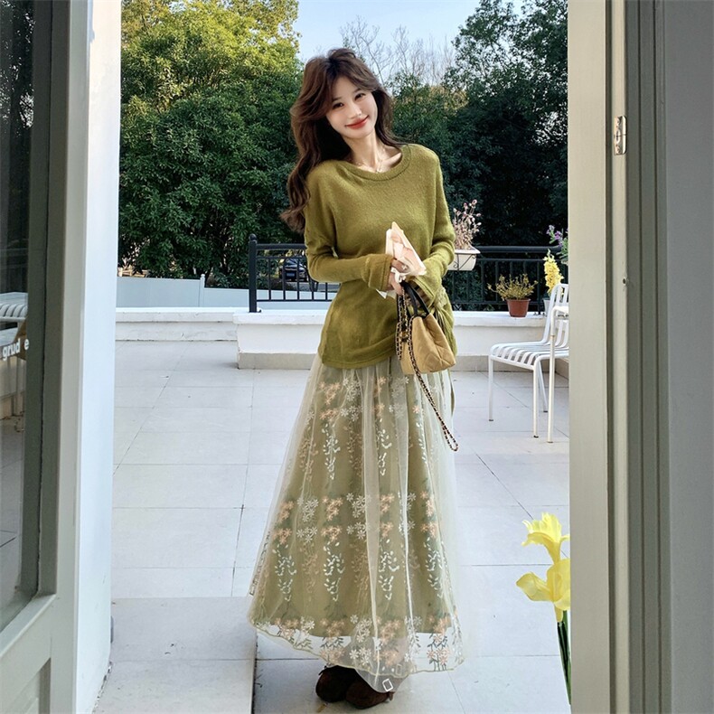 新款主推~针织上衣+花朵刺绣网纱半身裙两件套2b237-6200P195K318,女装套装/套裙,2B237