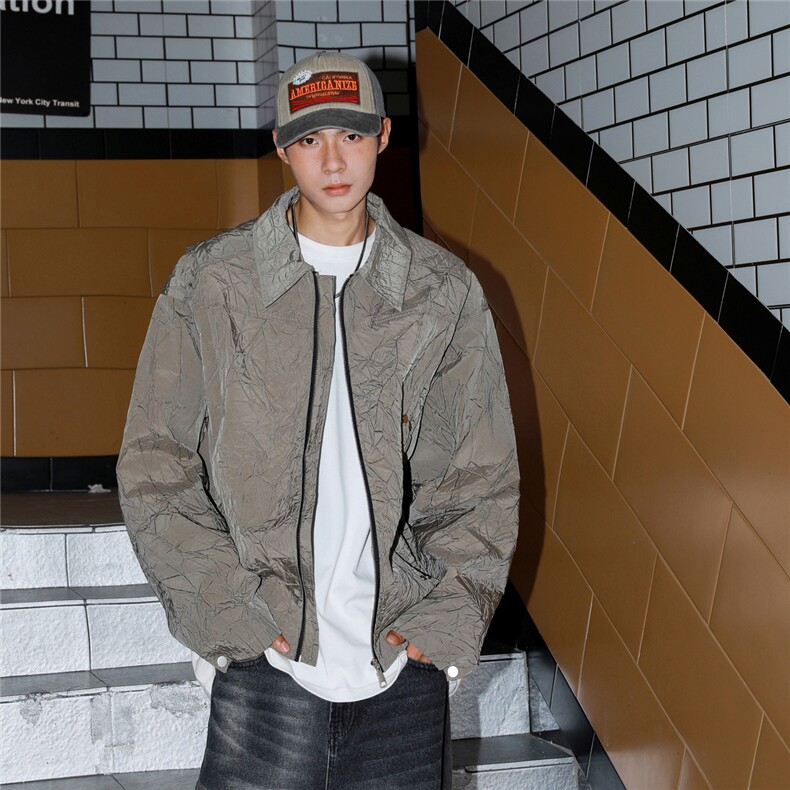 港风成分:聚酯纤维,褶皱撞色面料夹克男外套JK77866P75控118，男装夹克，星座226-1