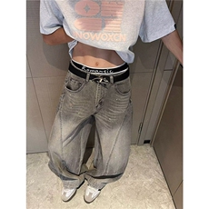 美式复古弯刀牛仔裤夏季新款宽松垂感阔腿ins拖地长裤RK2839-P57，男装牛仔裤，星座412-2