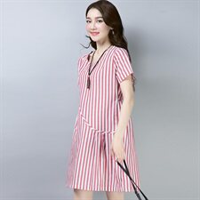 连衣裙2025年夏季短袖中长款竖条A型韩版时尚休闲舒适简约气质，女装连衣裙，风姿绰