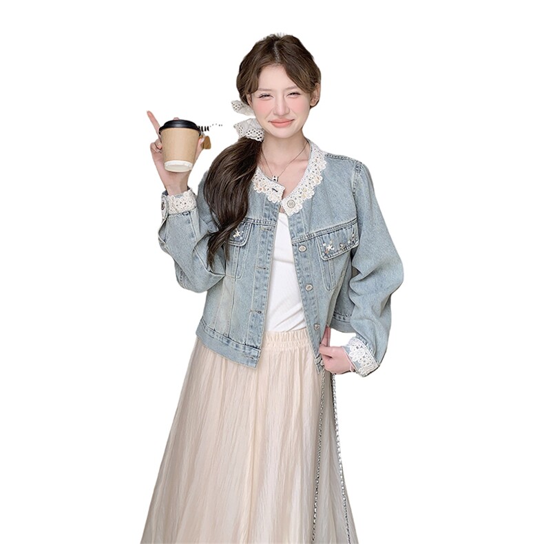 美少女开春牛仔外套女小个子新款浅蓝色韩版夹克上衣蕾丝拼接花边,女装短外套,2C218