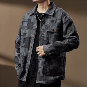 色织混纺厚料 美式复古工装长袖衬衣 春秋款外穿打底痞帅牛仔外套图片