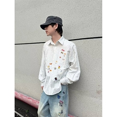 日系慵懒时尚文艺潮流流行ins简约气质卡通印花条纹衬衫长袖新款，男装衬衫，星座506A