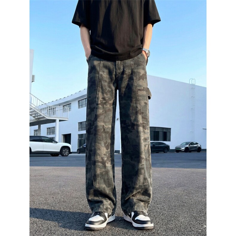 美式复古迷彩牛仔裤男春秋新款潮牌痞帅炸街裤子直筒伐木工装长裤，男装牛仔裤，星座302A-2