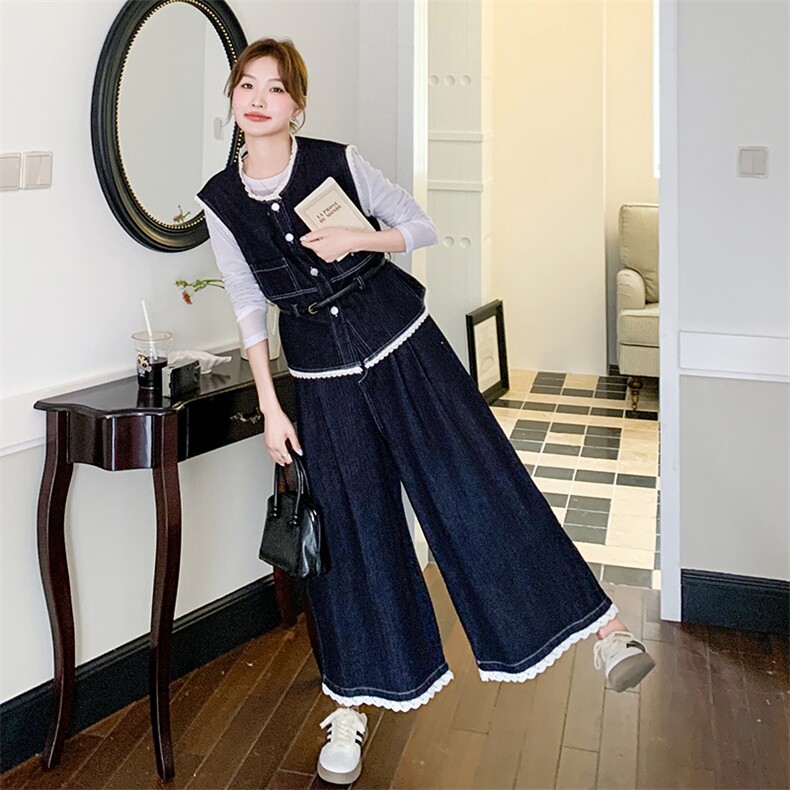 蕾丝拼接牛仔马甲背心套装女2025春季新款九分阔腿裤时尚三件套图片
