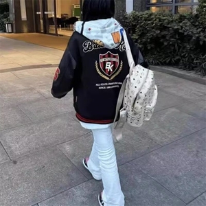 美式复古盾徽撞色夹克男女校园风重磅设计感外套秋冬加厚保暖棉服图片