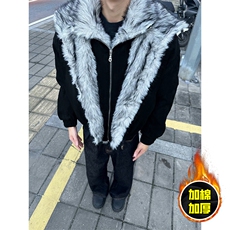 现货高品质美式高街重磅狼王座山雕毛毛领假两件棉衣加厚棉服外套，男装棉衣，电商A486