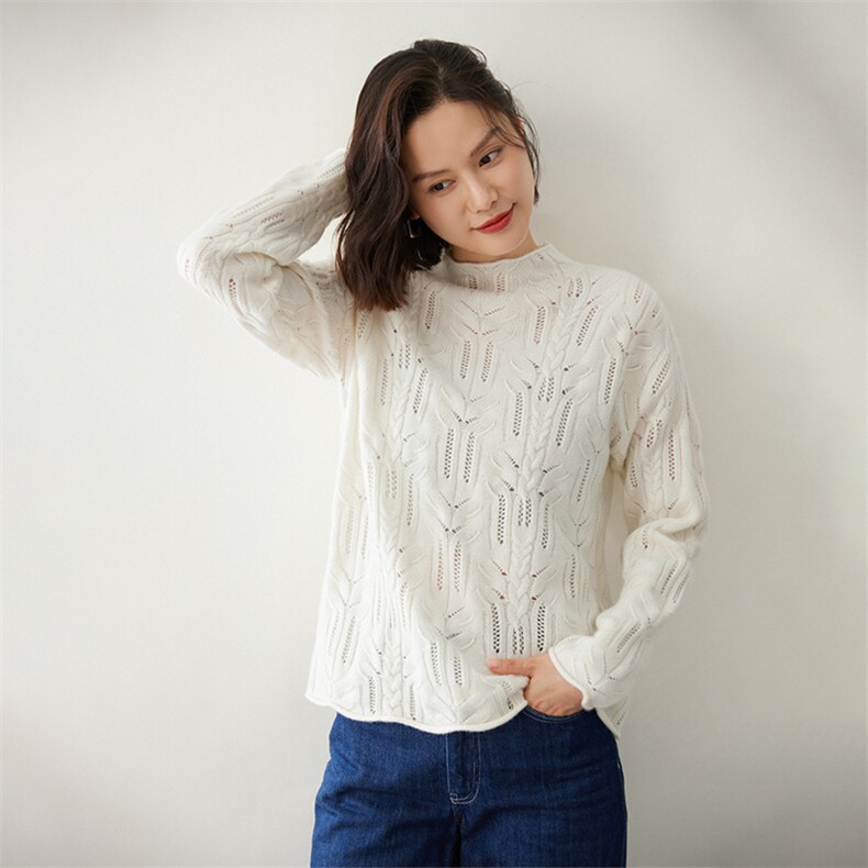 优雅镂空麻花半高领女士羊绒衫时尚百搭显瘦保暖毛衣,女装羊绒衫,迎冬羊绒