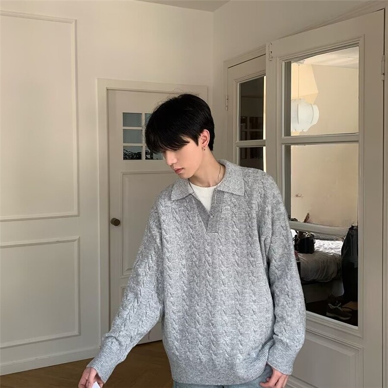 原宿简约新款文艺慵懒时尚日系翻领针织毛衣男潮流百搭气质MY053，男装针织衫/毛衣，星座208-5