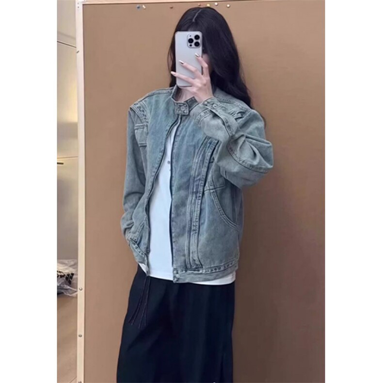 解构拼接设计肩垫牛仔长袖夹克男女廓形拉炼立领整洁夹克JK8639,男装夹克,星座1116A（原606A-3）