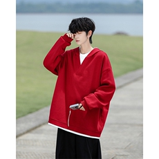 8XL-M叠穿假两件卫衣重磅连帽V领拼接套头衫宽松大码外套WY006P65，男装卫衣，电商B312