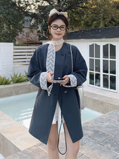 法式蕾丝拼接风衣外套女韩版宽松2025年春季新款中长款大衣，女装西装，牡丹诺