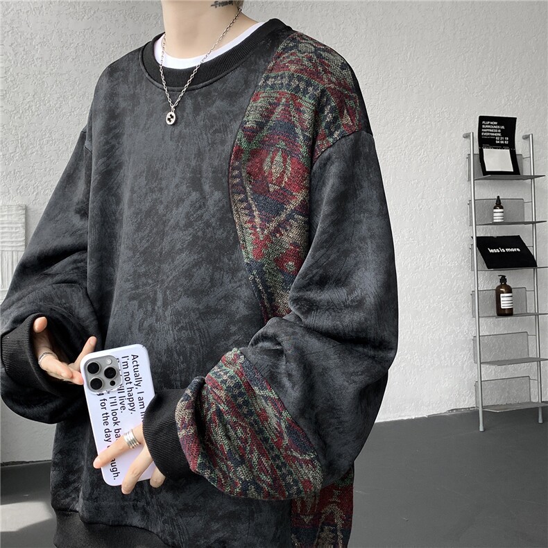 现货WY10169-特P50新中式重磅圆领拼接长袖套头上衣大码卫衣外套,女装短外套,电商A059