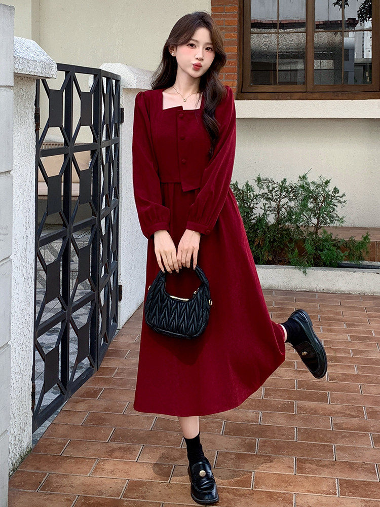复古法式方领收腰连衣裙女2025秋季新款高级感中长款裙子,女装连衣裙,玖莱伊